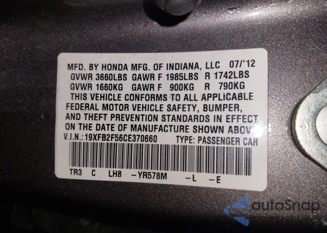 2012 Honda Civic Lx from USA, damaged, VIN 19XFB2F56CE370660